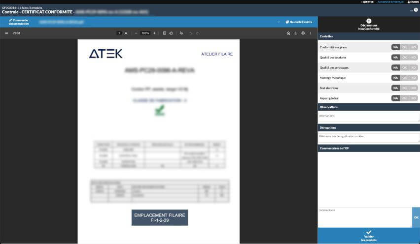 Écran de contrôle qualité et certificat de conformité