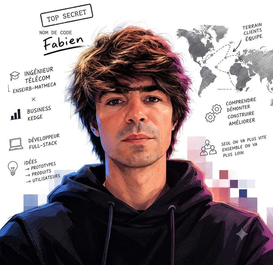 Portrait illustré de Fabien, annoté comme un dossier : ingénieur télécom, business, développeur full-stack, idées